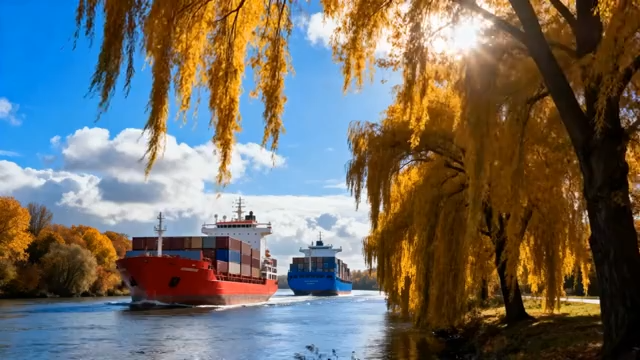 秋日河道上的集装箱货船5237#横屏 