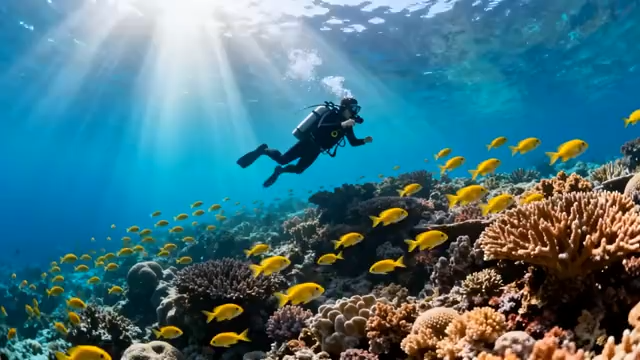 潜水员海底观赏珊瑚鱼群481#横屏 