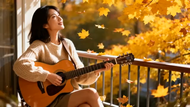 女子秋日阳台弹吉他2138#横屏 