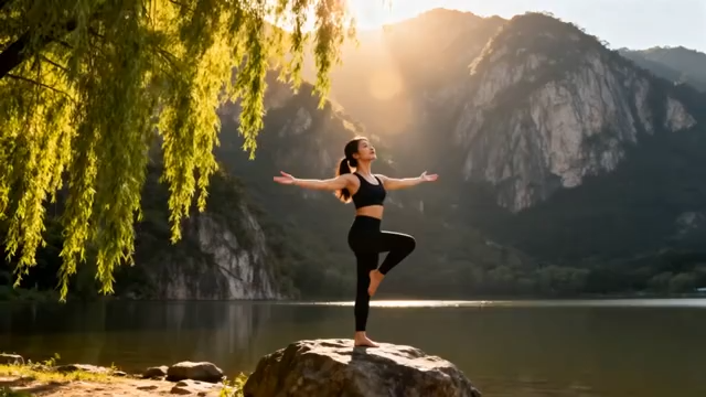 女子户外山水间做瑜伽248#横屏 