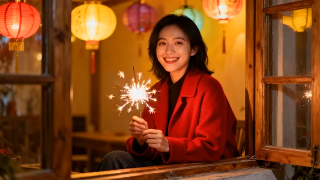 女子手持烟花喜庆场景4643#横屏 