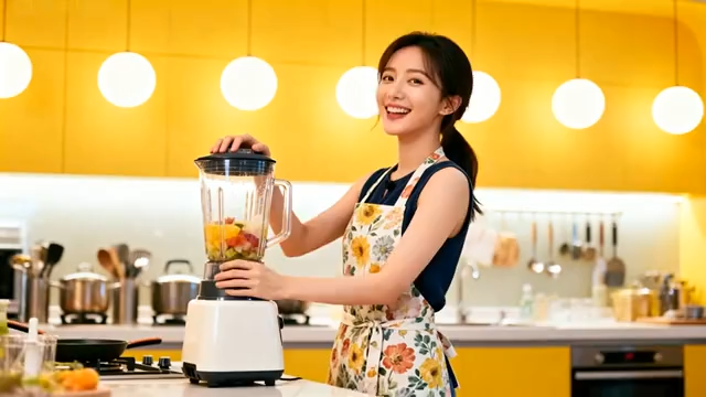 女子厨房使用搅拌机制作果蔬汁3164#横屏 