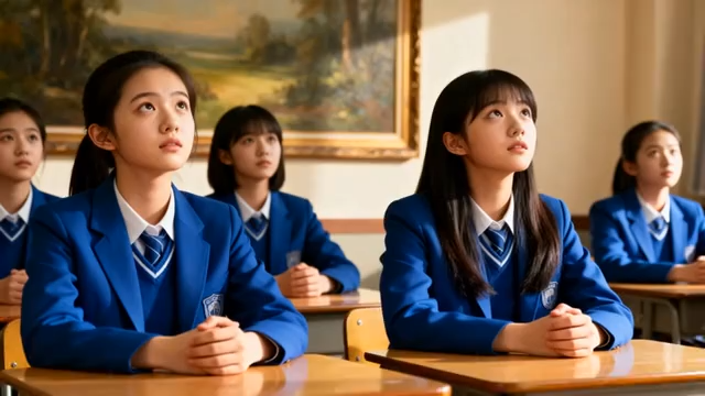 女学生教室端坐听讲素材1079#横屏 