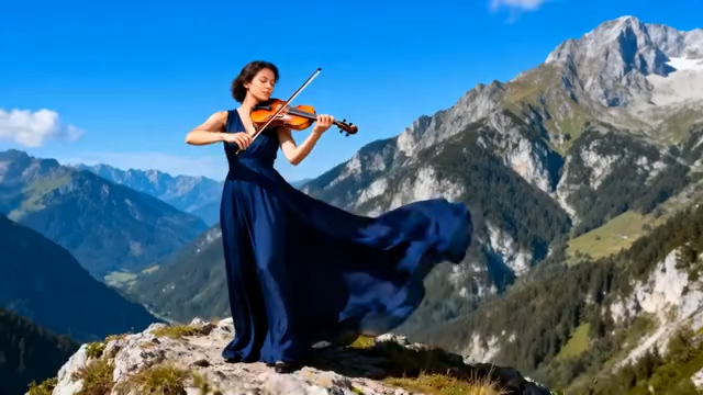 女子高山上拉小提琴3876#横屏 