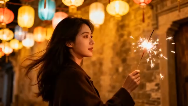 女子手持仙女棒于灯笼下3088#横屏 