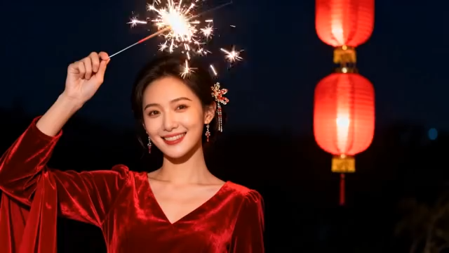 女子手持烟花身旁红灯笼3521#横屏 