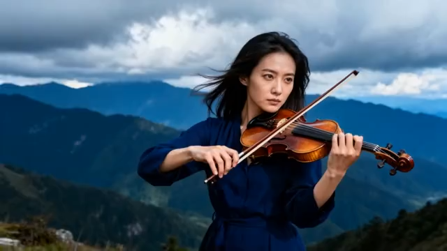 女子户外拉小提琴2125#横屏 