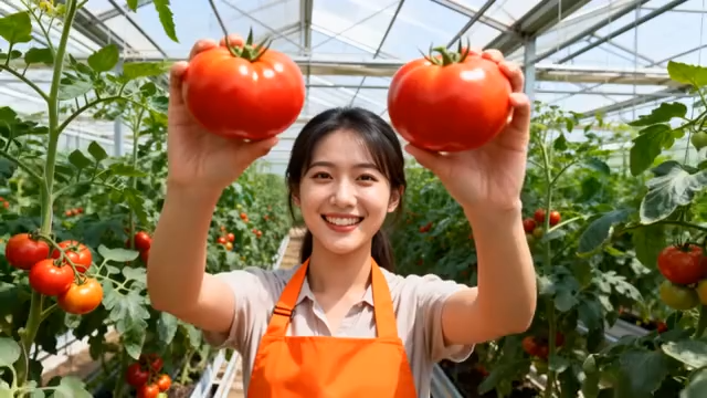 女子大棚内手持西红柿素材1593#横屏 