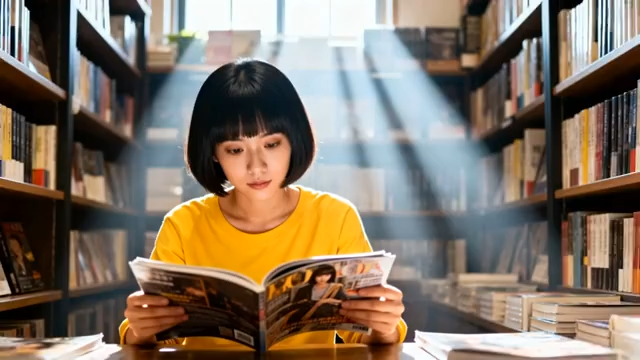 女子在图书馆专注阅读1904#横屏 