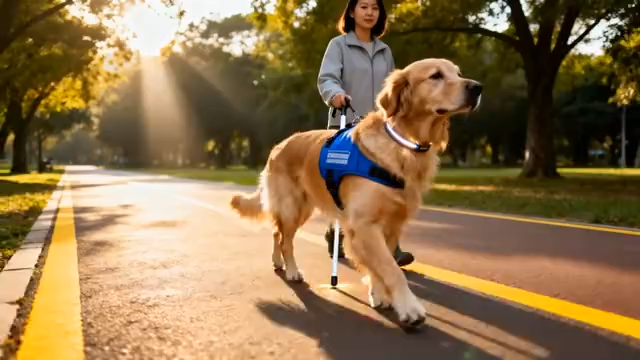 女子公园牵导盲犬散步1589#横屏 