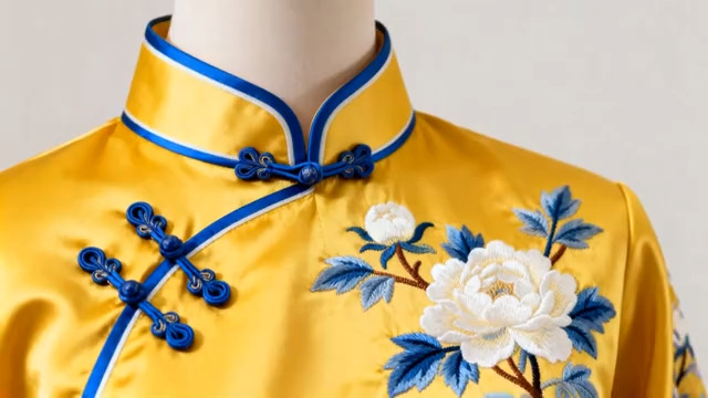  黄色刺绣中式旗袍特写1426#横屏 	 