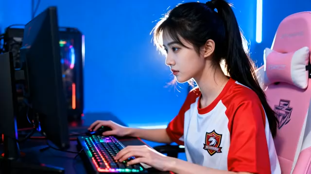 女生专注玩电脑游戏画面1471#横屏 