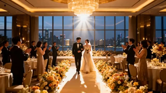  婚礼现场新人携手走过宾客940#横屏 	 