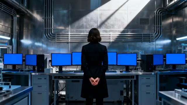 女性背对镜头站立于电脑前5405#横屏 