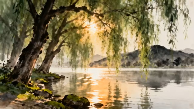  湖畔垂柳自然风光(1)2910#横屏 	 