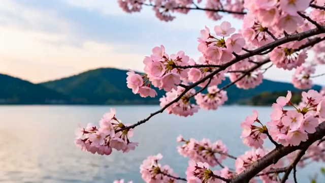  湖畔盛开的粉色樱花279#横屏 	 