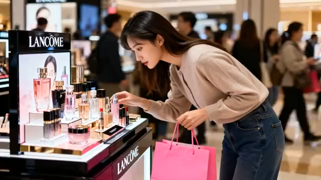 女性商场选购兰蔻化妆品1520#横屏 