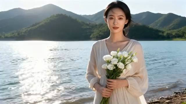  湖畔女子手持花束站立2302#横屏 	 - 