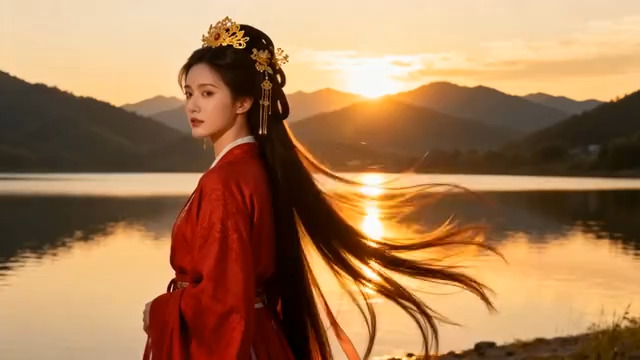  湖畔古装女子夕阳下侧立689#横屏 	 