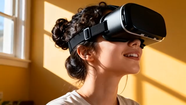 女性佩戴眼镜体验虚拟现实3817#横屏 