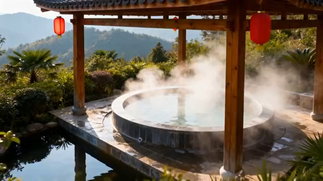  户外木质凉亭下的温泉场景464#横屏 	 