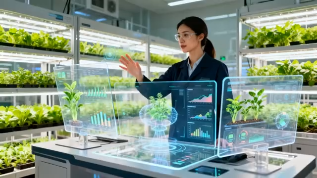 女性操作科技设备监测植物生长3396#横屏 