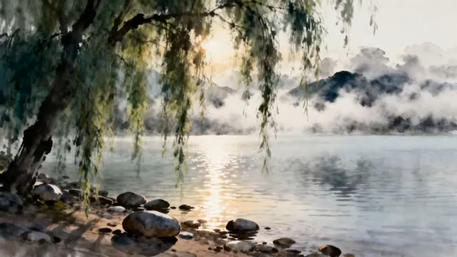  湖畔垂柳山水风景画面1762#横屏 	 