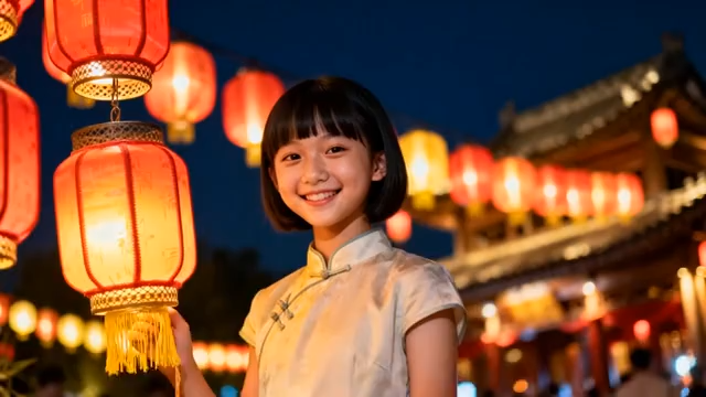 女孩手持灯笼站在古建前1430#横屏 