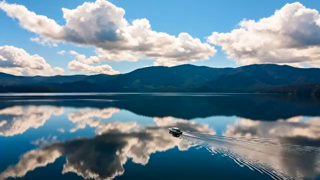  湖面游船与山水倒影景观2349#横屏 	 