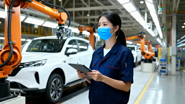 女工在汽车制造车间查看平板4448#横屏 