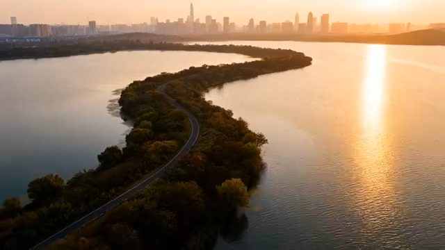  湖畔公路日落全景素材1028#横屏 	 