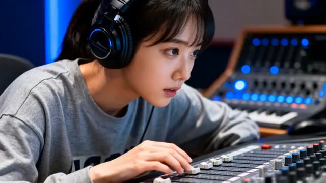 女孩在录音棚操作调音台1853#横屏 