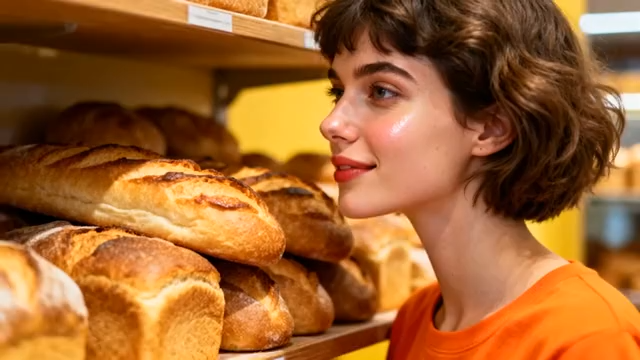 女孩在面包店挑选面包3764#横屏 