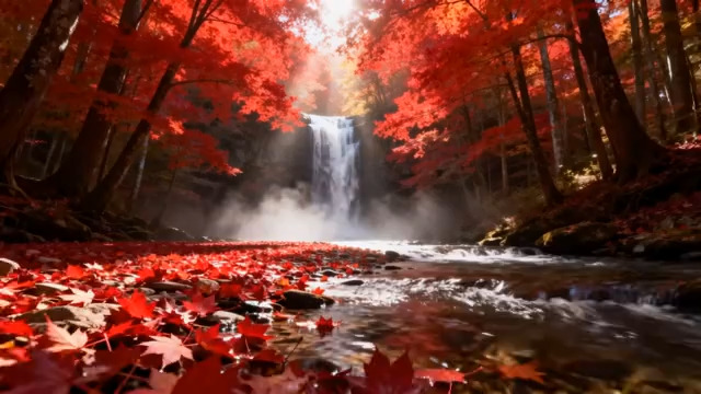 红叶森林中的瀑布溪流景观263#横屏 	 