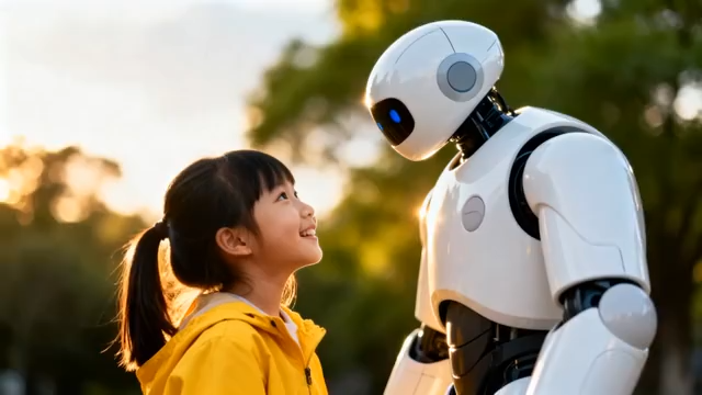 女孩与机器人户外互动2126#横屏 