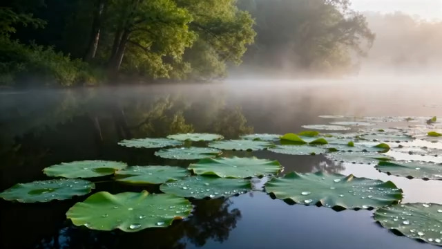  湖面荷叶晨雾自然风光397#横屏 	 
