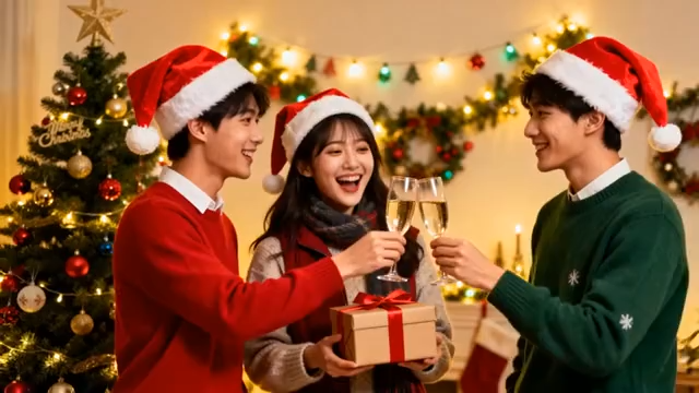 年轻人戴圣诞帽举杯庆祝画面251#横屏 