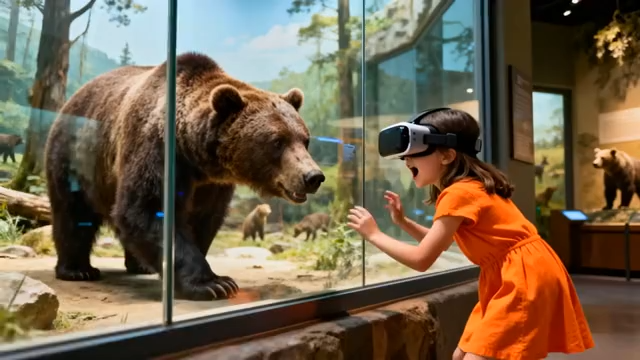 女孩在展馆戴体验与熊互动878#横屏 