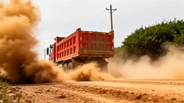 红色自卸车行驶扬起尘土2376#横屏 	 