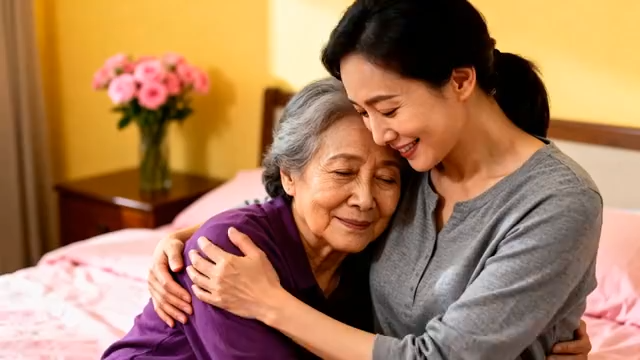 年轻女性与老人温馨相拥621#横屏 