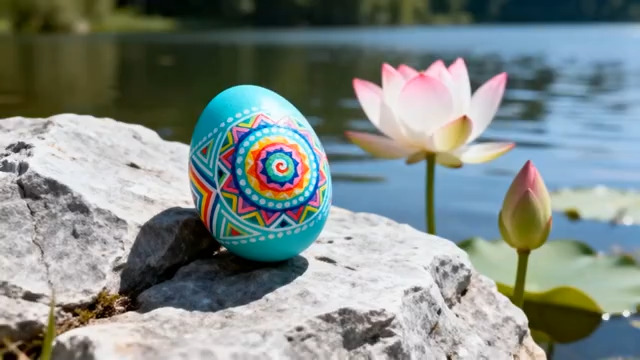  湖边石块上的彩绘蛋与荷花2332#横屏 	 