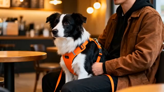 男子与边牧在咖啡店互动场景4974#横屏 