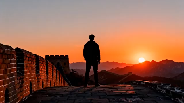 男子于长城赏日落景象3472#横屏 
