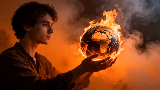 男子双手托举燃烧地球2723#横屏 