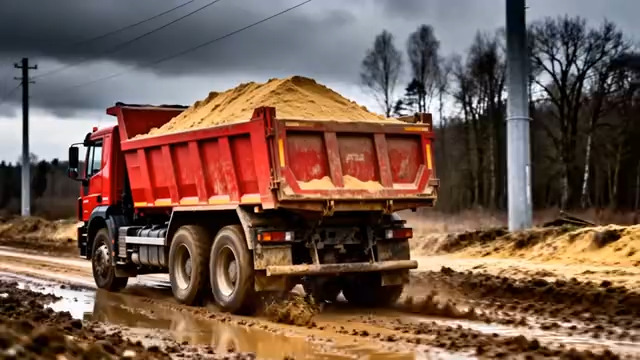  红色自卸车运输沙土2224#横屏 	 