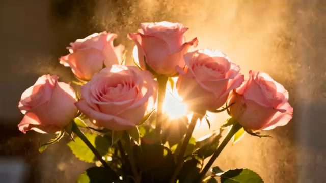 逆光下的粉色玫瑰花束3167#横屏 