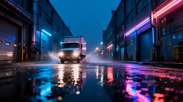 霓虹夜景下的物流货车行驶画面5334#横屏 