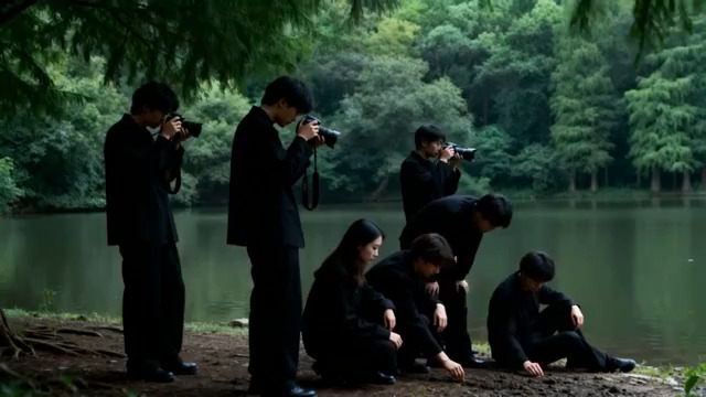  湖边树林中人们的拍摄活动2422#横屏 	 - 