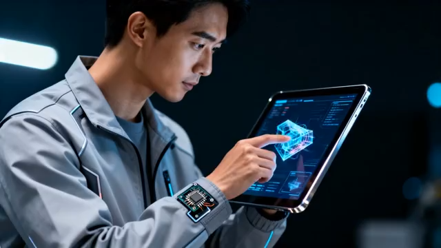 男子手持平板查看虚拟图像4078#横屏 