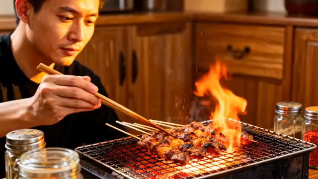 男子室内烧烤烤串素材3498#横屏 